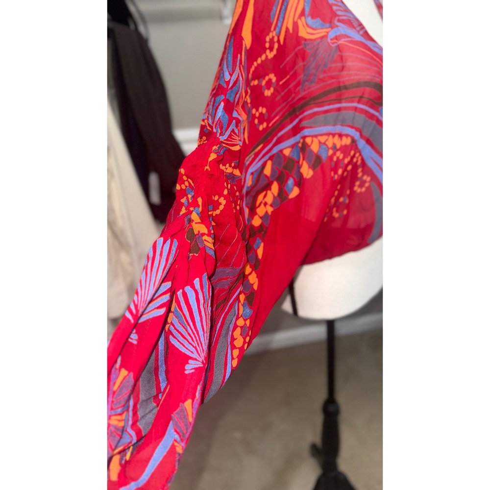 Free People Boho Abstract Print Kimono Crop Top Red  Wide Sleeve  Blouse S - Picture 5 of 6